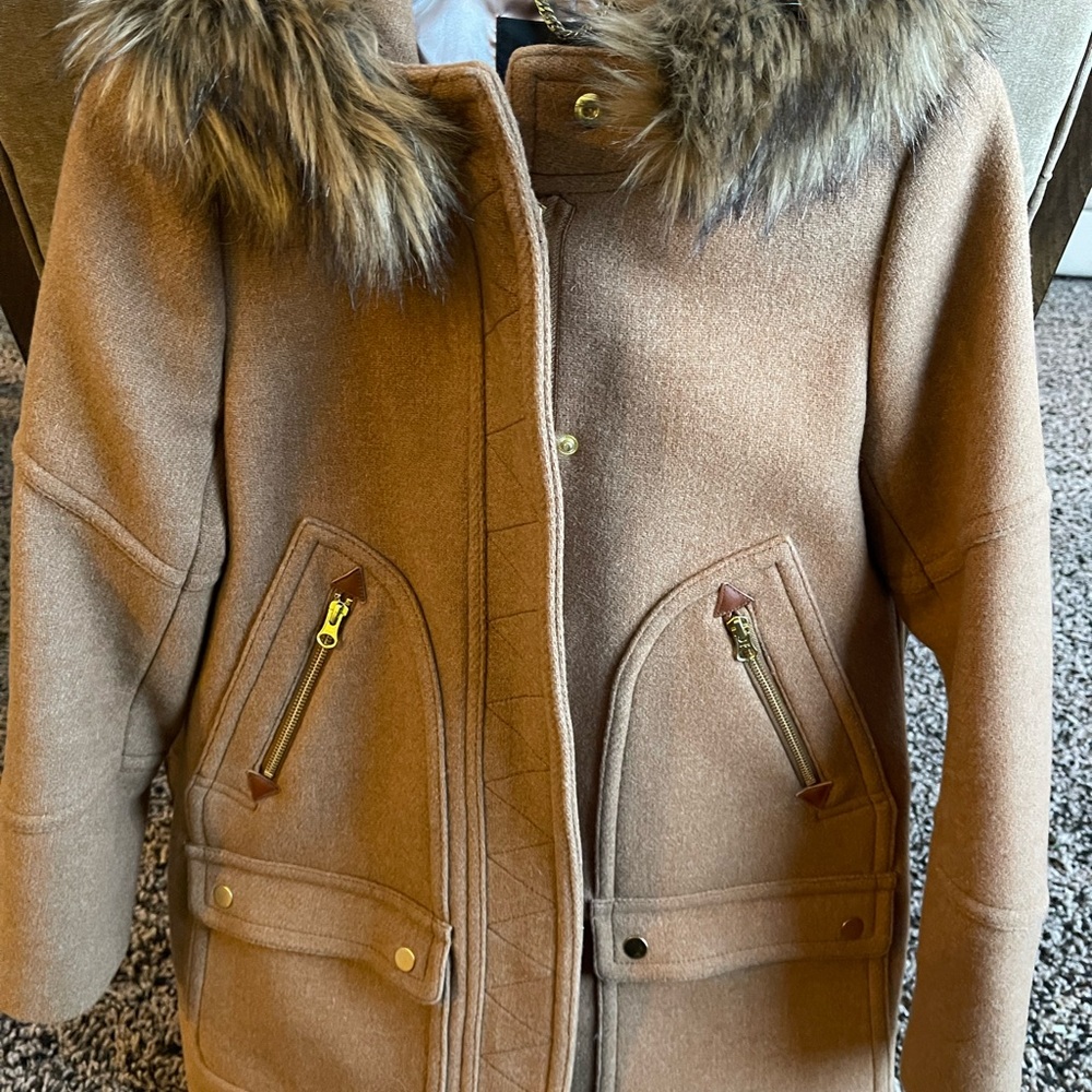 Italian Wool Camel Coat with Hood, Removable Trim